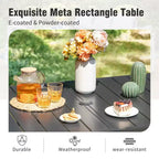 Captiva Designs 8pc Outdoor Slat-top Rectangular Steel Dining Table & Black Steel Chairs & Beige Umbrella