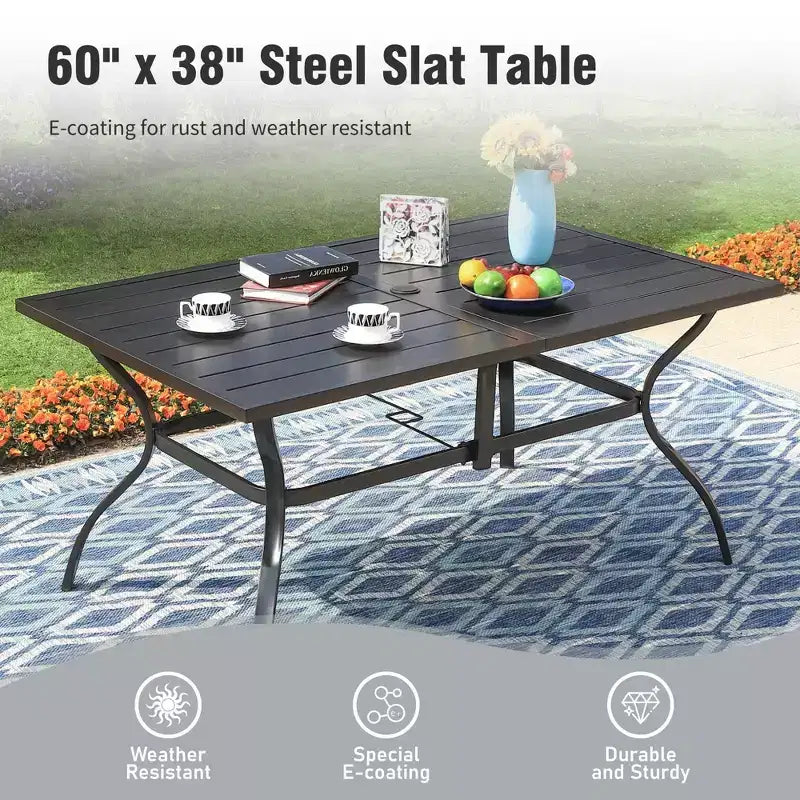 Captiva Designs 8pc Outdoor Slat-top Rectangular Steel Dining Table & Black Steel Chairs & Beige Umbrella