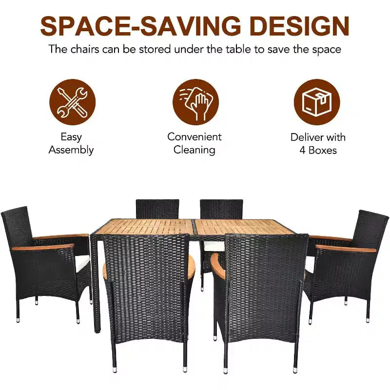 VINGLI 7 Pieces Patio Dining Set, Wicker Outdoor Dining Set for 6 Patio Furniture Set with Acacia Wood Table Outdoor Table and Chairs for Garden