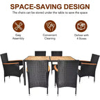 VINGLI 7 Pieces Patio Dining Set, Wicker Outdoor Dining Set for 6 Patio Furniture Set with Acacia Wood Table Outdoor Table and Chairs for Garden
