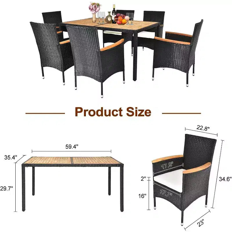 VINGLI 7 Pieces Patio Dining Set, Wicker Outdoor Dining Set for 6 Patio Furniture Set with Acacia Wood Table Outdoor Table and Chairs for Garden