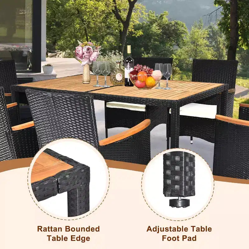 VINGLI 7 Pieces Patio Dining Set, Wicker Outdoor Dining Set for 6 Patio Furniture Set with Acacia Wood Table Outdoor Table and Chairs for Garden