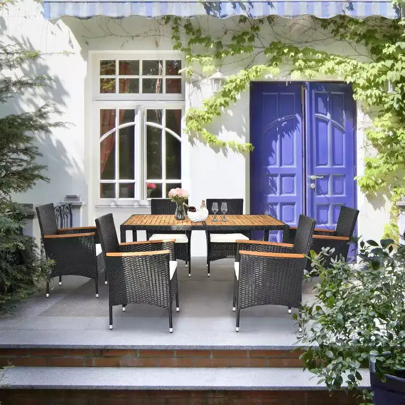 VINGLI 7 Pieces Patio Dining Set, Wicker Outdoor Dining Set for 6 Patio Furniture Set with Acacia Wood Table Outdoor Table and Chairs for Garden