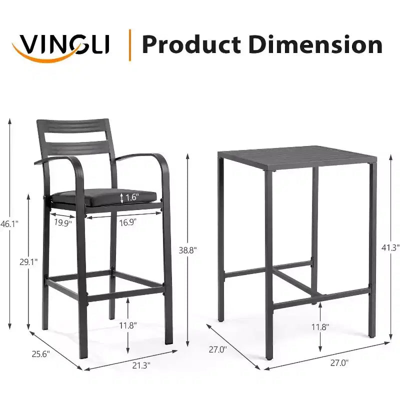 VINGLI 3-Piece Outdoor Bar Set, Aluminum Bar Height Table & 2 Chairs with Cushions, Counter Height Patio Furniture for Backyard, Poolside