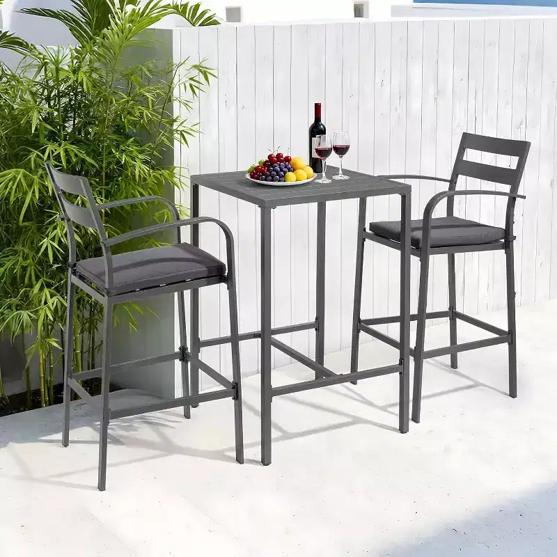 VINGLI 3-Piece Outdoor Bar Set, Aluminum Bar Height Table & 2 Chairs with Cushions, Counter Height Patio Furniture for Backyard, Poolside