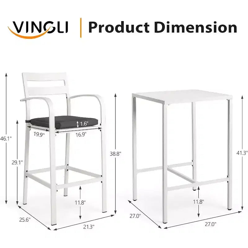 VINGLI 3-Piece Outdoor Bar Set, Aluminum Bar Height Table & 2 Chairs with Cushions, Counter Height Patio Furniture for Backyard, Poolside, Garden