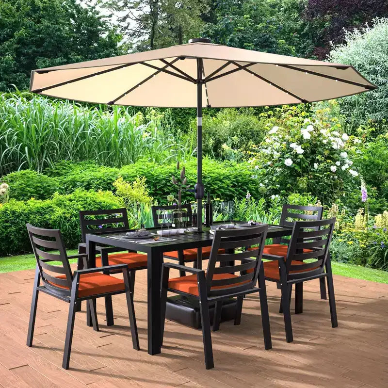 LesiureMod Chelsea 7 PCS Patio Dining Set - Outdoor Aluminum Dining Table with Umbrella Hole and Arm Chairs with Cushion