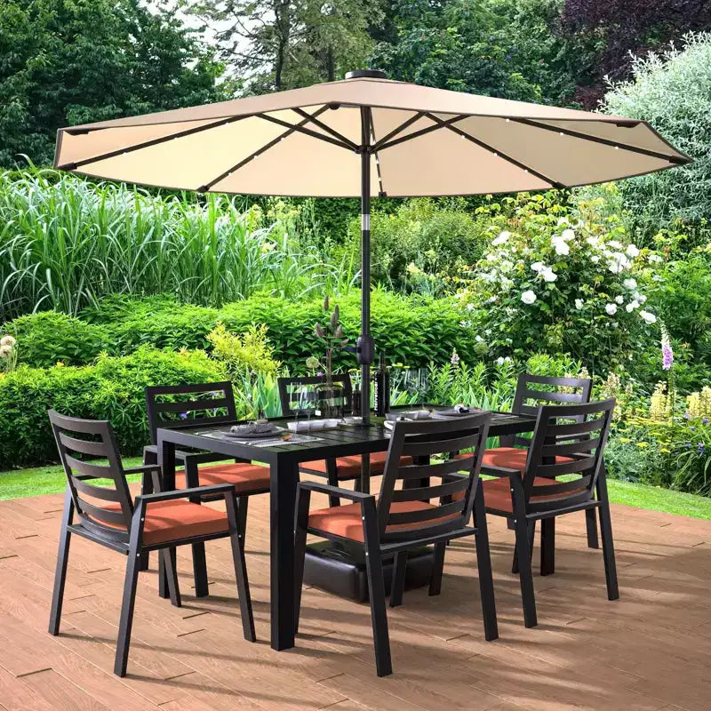 LesiureMod Chelsea 7 PCS Patio Dining Set - Outdoor Aluminum Dining Table with Umbrella Hole and Arm Chairs with Cushion