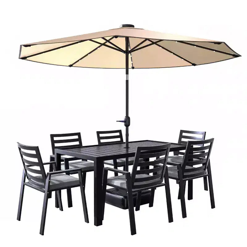 LesiureMod Chelsea 7-teiliges Ess-Set für die Terrasse - Esstisch aus Aluminium für den Außenbereich mit Sonnenschirmöffnung und Armlehnstühle mit Polsterung