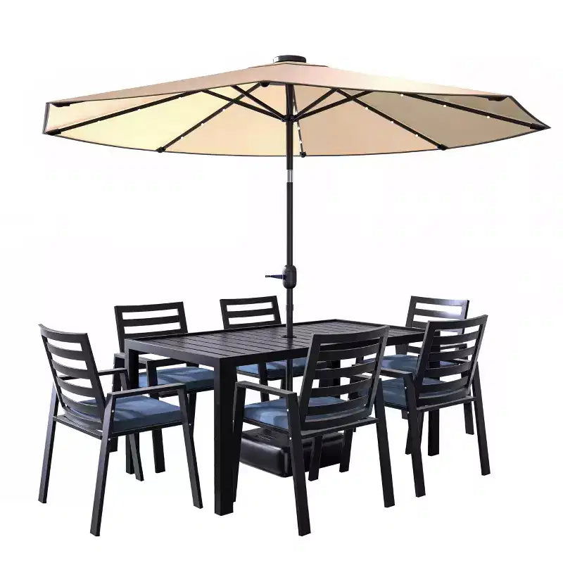 LesiureMod Chelsea 7-teiliges Ess-Set für die Terrasse - Esstisch aus Aluminium für den Außenbereich mit Sonnenschirmöffnung und Armlehnstühle mit Polsterung