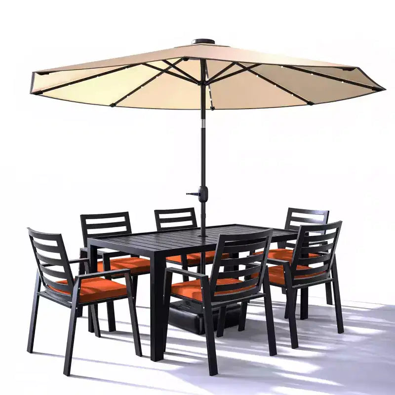 LesiureMod Chelsea 7-teiliges Ess-Set für die Terrasse - Esstisch aus Aluminium für den Außenbereich mit Sonnenschirmöffnung und Armlehnstühle mit Polsterung