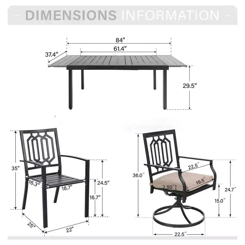 Captiva Designs 7pc Patio Dining Slat-top Expandable Rectangle Steel Table & Stylish Back Metal Chairs