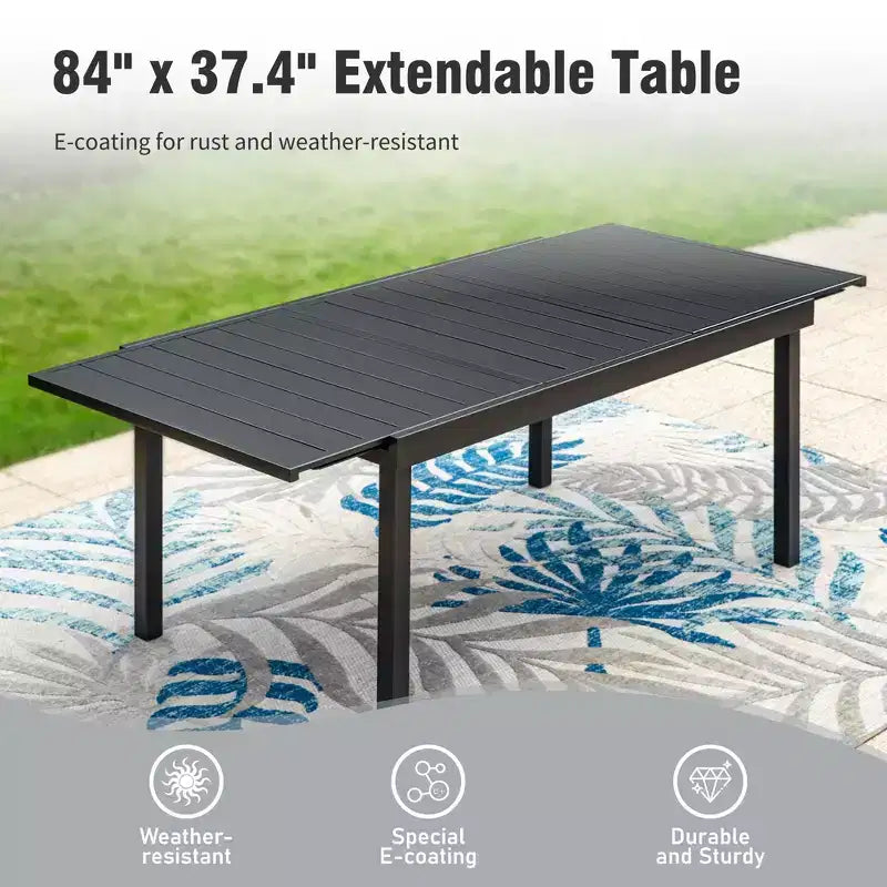 Captiva Designs 7pc Patio Dining Slat-top Expandable Rectangle Steel Table & Stylish Back Metal Chairs