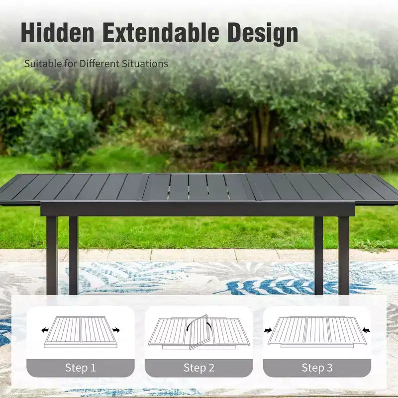 Captiva Designs 7pc Patio Dining Slat-top Expandable Rectangle Steel Table & Stylish Back Metal Chairs