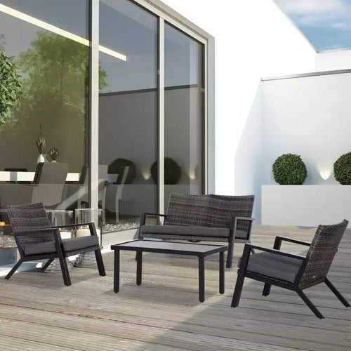 4-teiliges Terrassenmöbel-Set mit 2 PE-Rattanstühlen, Zweisitzer-Sofa, Outdoor-Couchtisch, weichen Polstern, Couch und Sesseln für Hinterhof und Garten