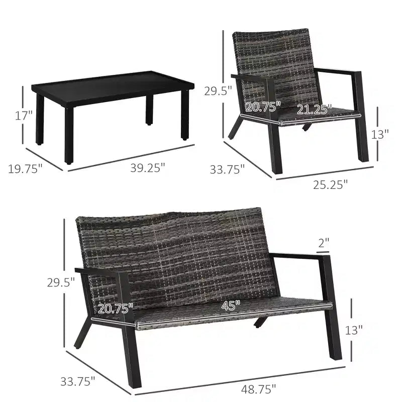 4 Piece Patio Furniture Set, 2 PE Wicker Chairs, Loveseat Sofa, Outdoor Coffee Table, Soft Cushions, Couch & Armchairs for Backyard, Garden