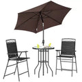 4 Piece Outdoor Bar Set with Umbrella, Patio Dining Set with 2 Folding Chairs, Wave Textured Tempered Glass Table for Backyard, Garden, Deck, Poolside
