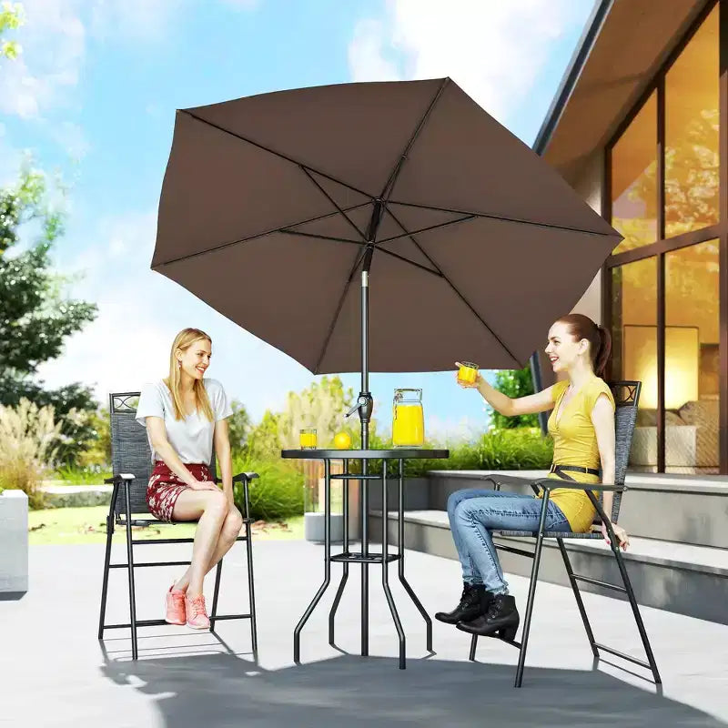 4 Piece Outdoor Bar Set with Umbrella, Patio Dining Set with 2 Folding Chairs, Wave Textured Tempered Glass Table for Backyard, Garden, Deck, Poolside