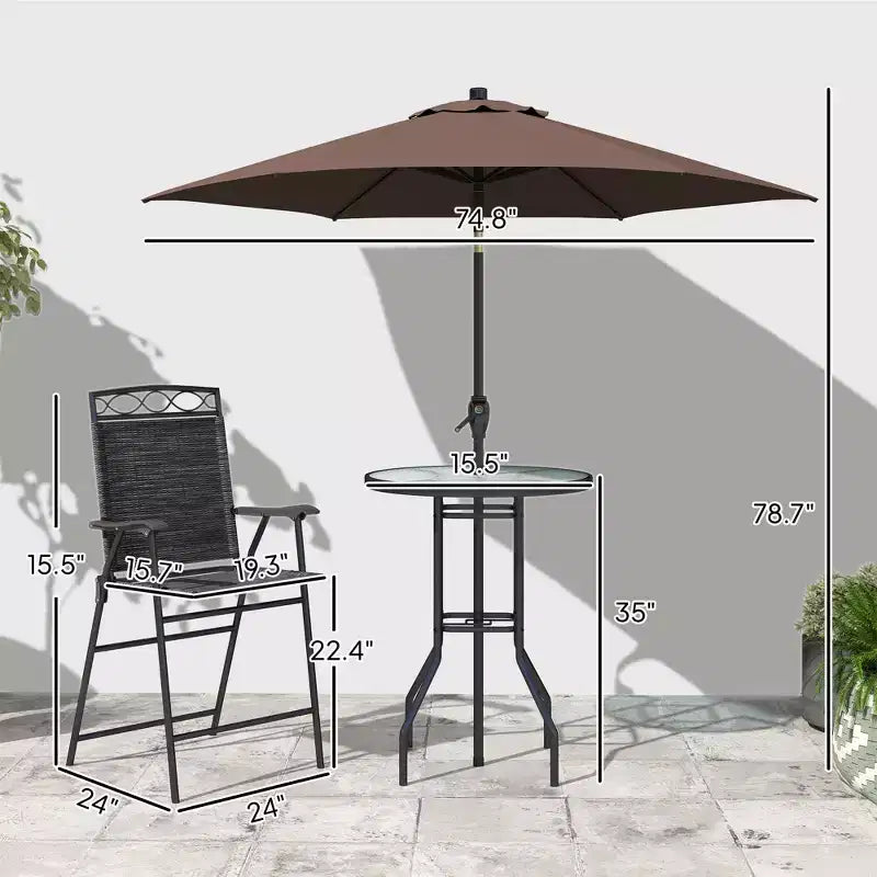 4 Piece Outdoor Bar Set with Umbrella, Patio Dining Set with 2 Folding Chairs, Wave Textured Tempered Glass Table for Backyard, Garden, Deck, Poolside