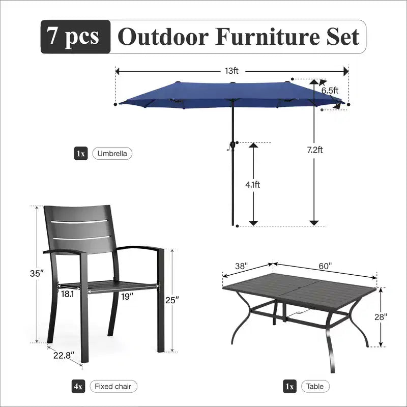 Captiva Designs 8pc Patio Slat-top Dining Steel Table & Metal Chairs with Stripe Back & Market Umbrella