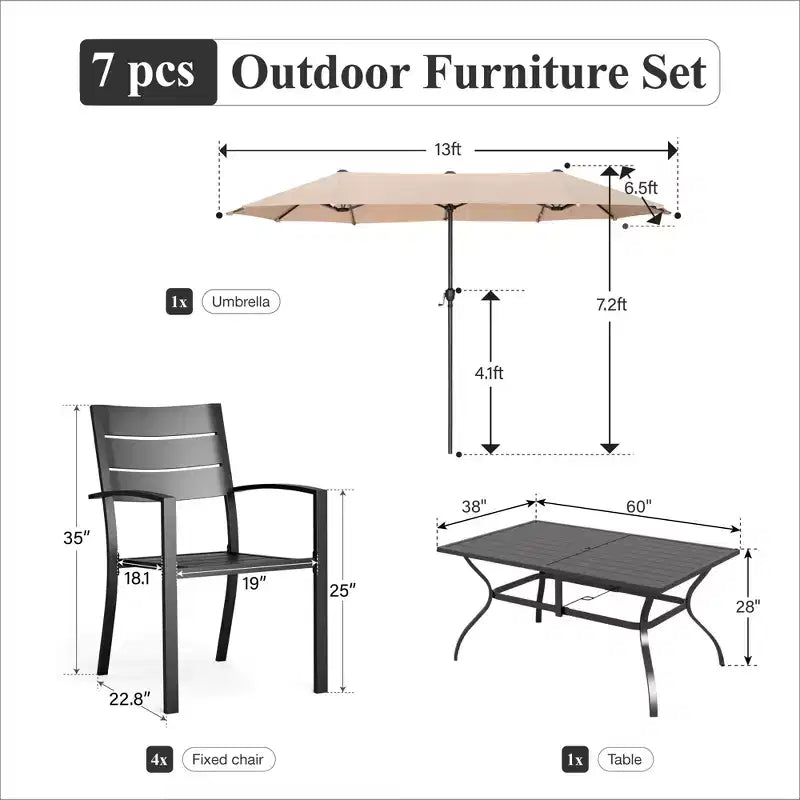 Captiva Designs 8pc Patio Slat-top Dining Steel Table & Metal Chairs with Stripe Back & Market Umbrella