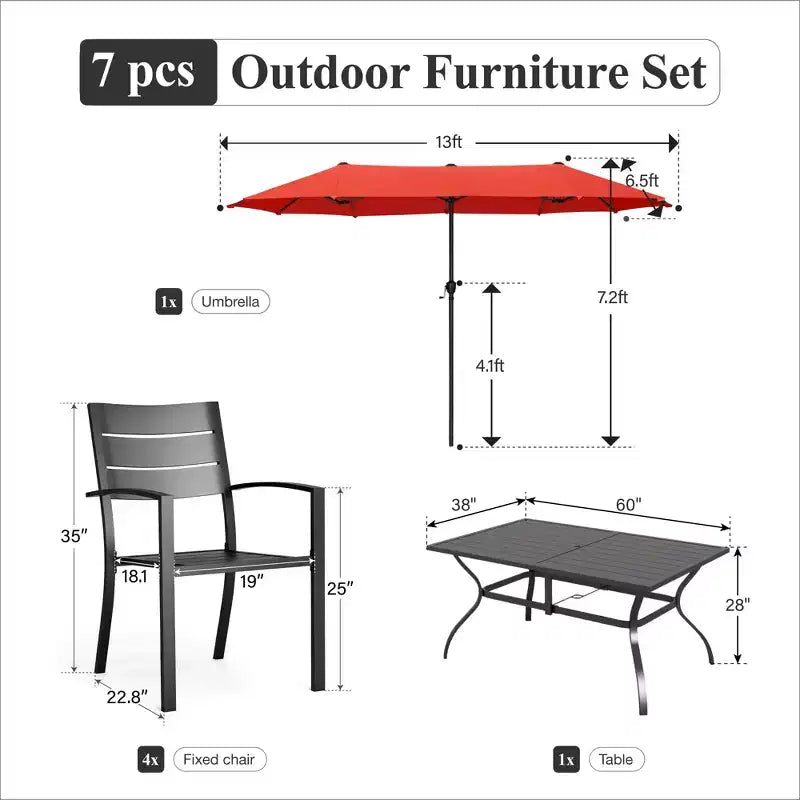 Captiva Designs 8pc Patio Slat-top Dining Steel Table & Metal Chairs with Stripe Back & Market Umbrella