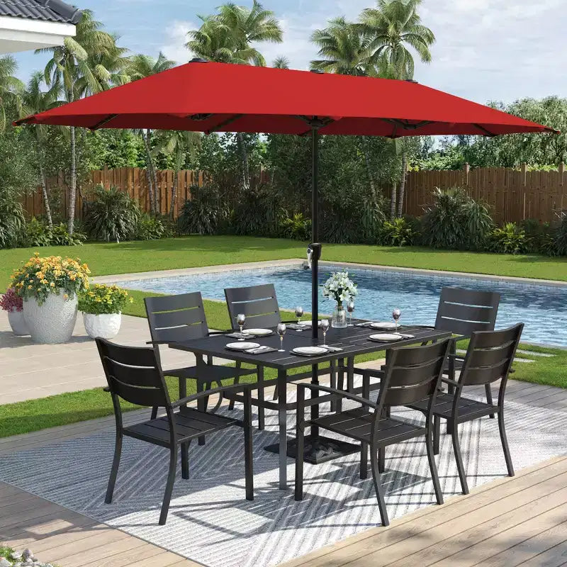 Captiva Designs 8-teiliges Ess-Set aus Stahl mit Lamellen-Tischplatte für die Terrasse, Metallstühle mit gestreifter Rückenlehne und Sonnenschirm