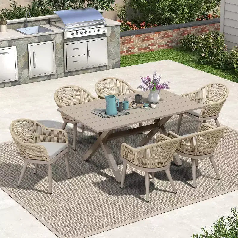 Set da pranzo da giardino PURPLE LEAF con tavolo da pranzo da esterno in alluminio e sedie in rattan intrecciato, set di mobili moderni per giardino, cortile e arredamento da interno, champagne