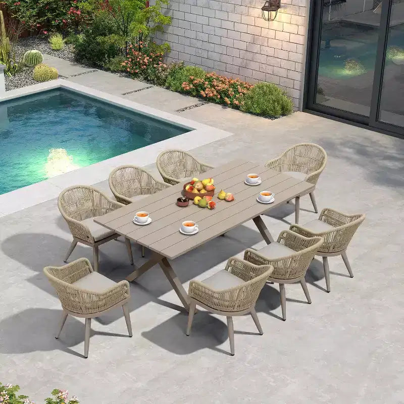 Set da pranzo da giardino PURPLE LEAF con tavolo da pranzo da esterno in alluminio e sedie in rattan intrecciato, set di mobili moderni per giardino, cortile e arredamento da interno, champagne