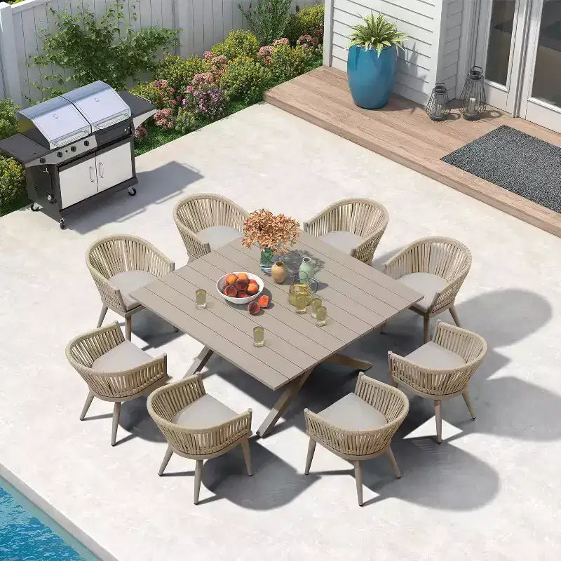 Set da pranzo da giardino PURPLE LEAF con tavolo da pranzo da esterno in alluminio e sedie in rattan intrecciato, set di mobili moderni per giardino, cortile e arredamento da interno, champagne