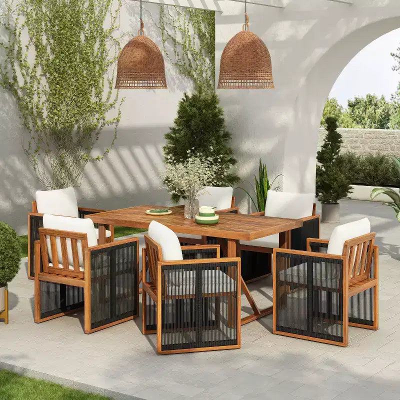Christopher Knight Home Nori Modern 7 Piece Outdoor Acacia Wood Dining Set with Handwoven Cord