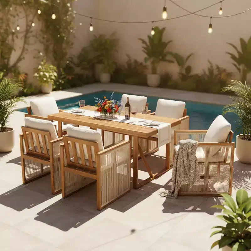 Christopher Knight Home Nori Modern 7 Piece Outdoor Acacia Wood Dining Set with Handwoven Cord