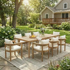 Christopher Knight Home Irene Rustic 9 Piece Outdoor Acacia Wood Dining Set with Curved Backrest Chairs and Cushions