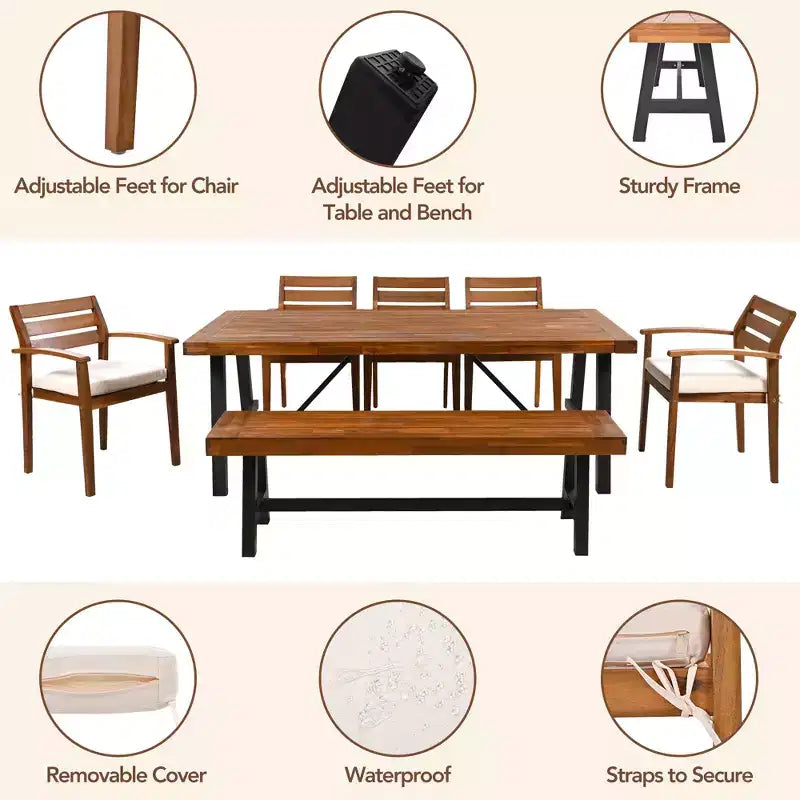 CLIHOME Outdoor Wood Dining Set For 7-8 Person, Outdoor Dining Furniture With Removable Cushions, Ergonomic Chairs And Bench