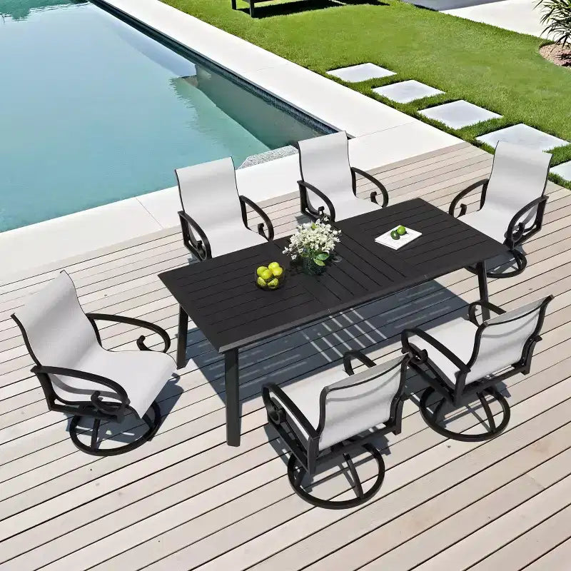 Crestlive Products Essgarnitur aus Aluminium für den Außenbereich, Terrassen-Esstisch mit ergonomischen Armlehnstühlen für 6-10 Personen