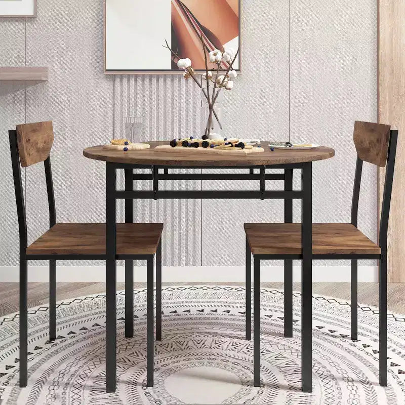 MAYEERTY 3-Piece Modern Round Drop Leaf Dining Table Set, Black Frame Rustic Brown Finish with 2 Chairs for Small Spaces