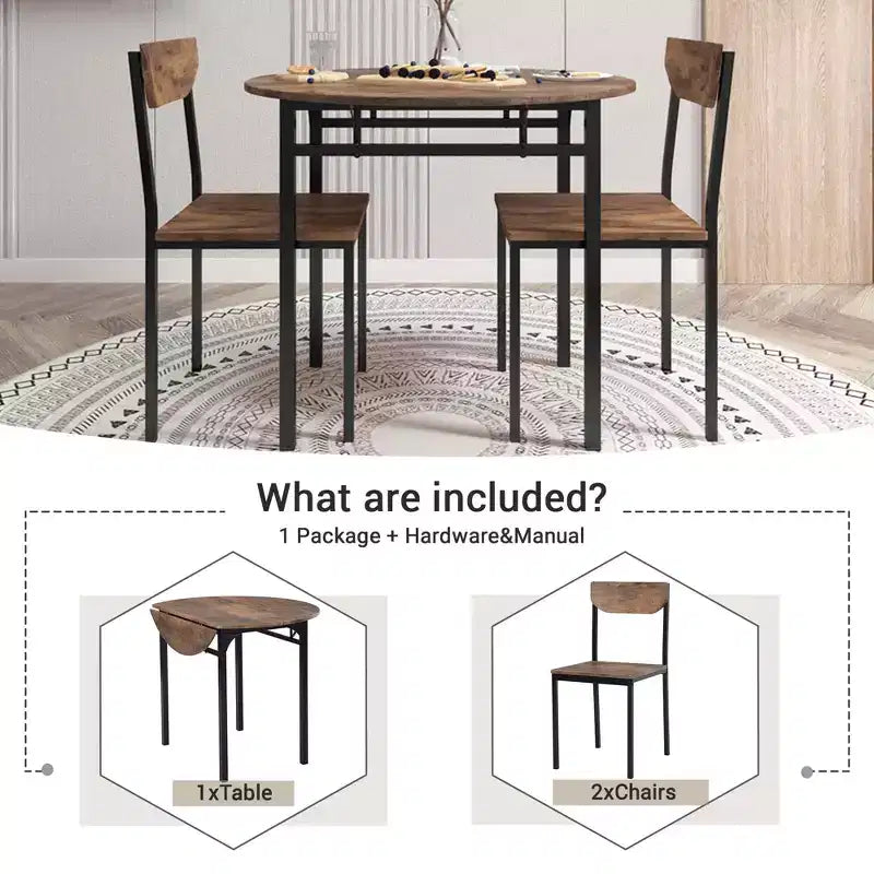 MAYEERTY 3-Piece Modern Round Drop Leaf Dining Table Set, Black Frame Rustic Brown Finish with 2 Chairs for Small Spaces