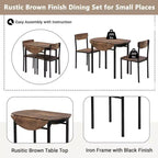 MAYEERTY 3-Piece Modern Round Drop Leaf Dining Table Set, Black Frame Rustic Brown Finish with 2 Chairs for Small Spaces