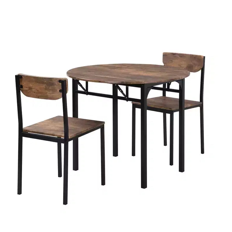 MAYEERTY 3-Piece Modern Round Drop Leaf Dining Table Set, Black Frame Rustic Brown Finish with 2 Chairs for Small Spaces