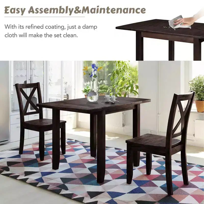 MAYEERTY 3-Piece Wood Drop Leaf Dining Table Set, 2 X-back Chairs Breakfast Nook Table for Small Places, Espresso