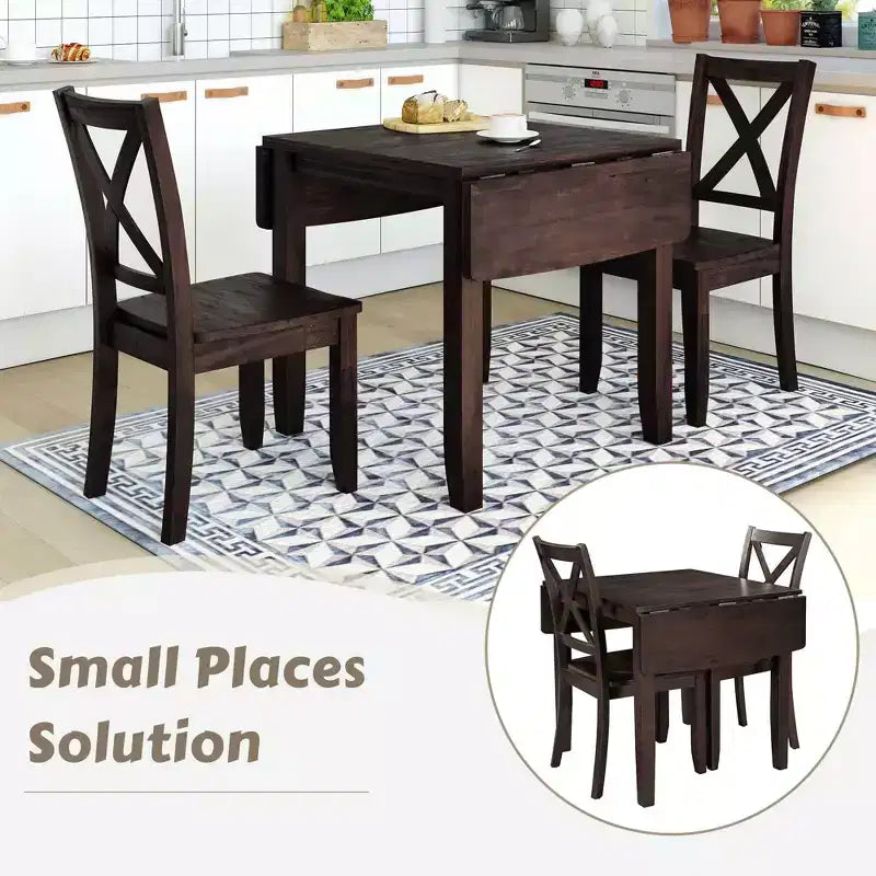 MAYEERTY 3-Piece Wood Drop Leaf Dining Table Set, 2 X-back Chairs Breakfast Nook Table for Small Places, Espresso