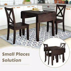 MAYEERTY 3-Piece Wood Drop Leaf Dining Table Set, 2 X-back Chairs Breakfast Nook Table for Small Places, Espresso