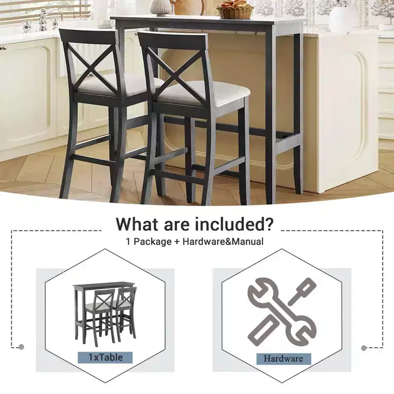 MAYEERTY 48 Farmhouse Wood Bar Height Dining Set, Rectangular Table with 2 Chairs for Small Places, Gray + Beige