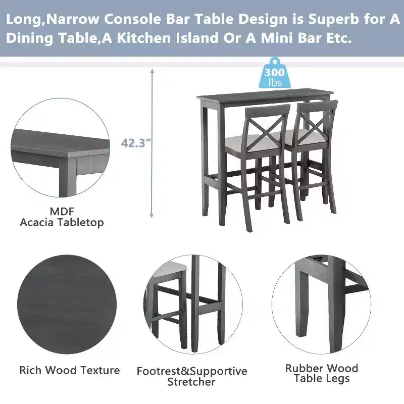 MAYEERTY 48 Farmhouse Wood Bar Height Dining Set, Rectangular Table with 2 Chairs for Small Places, Gray + Beige
