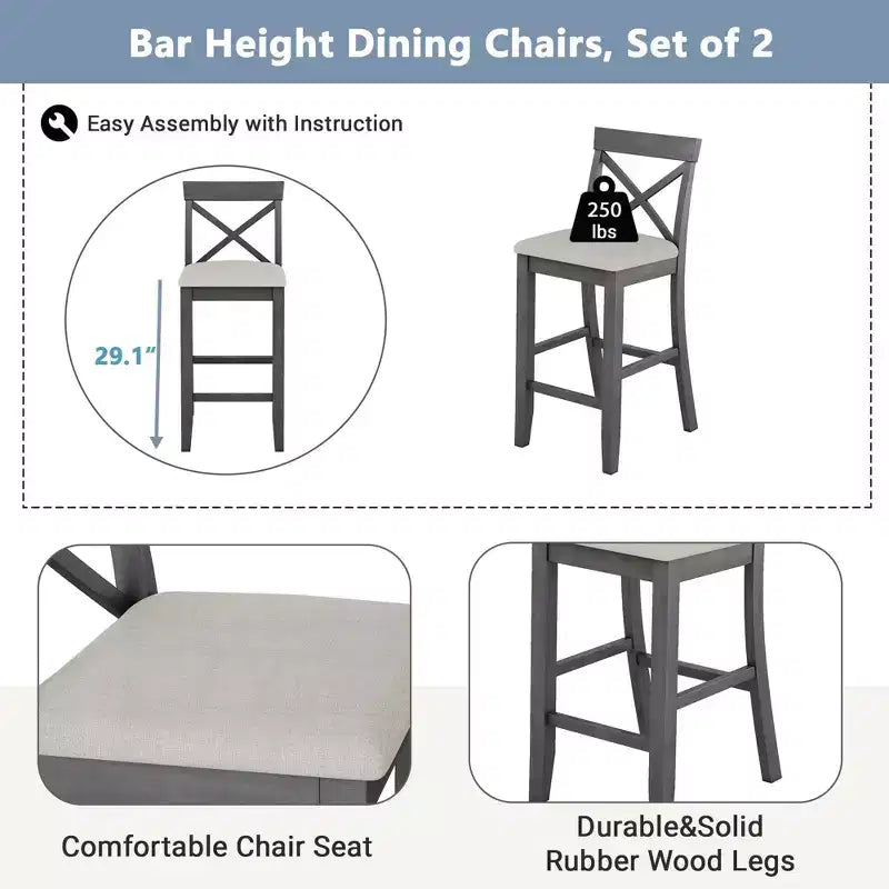 MAYEERTY 48 Farmhouse Wood Bar Height Dining Set, Rectangular Table with 2 Chairs for Small Places, Gray + Beige