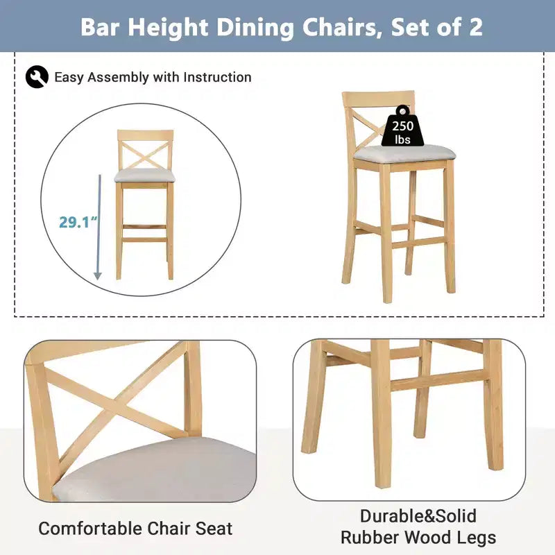 MAYEERTY 48 Farmhouse Wood Bar Height Dining Set, Rectangular Table with 2 Chairs for Small Places, Gray + Beige