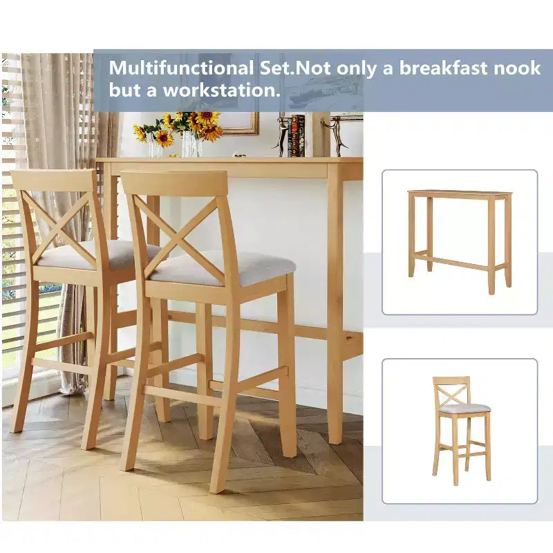 MAYEERTY 48 Farmhouse Wood Bar Height Dining Set, Rectangular Table with 2 Chairs for Small Places, Gray + Beige