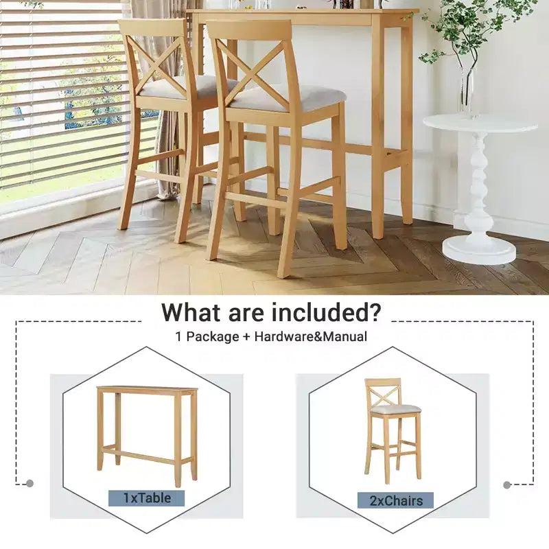 MAYEERTY 48 Farmhouse Wood Bar Height Dining Set, Rectangular Table with 2 Chairs for Small Places, Gray + Beige