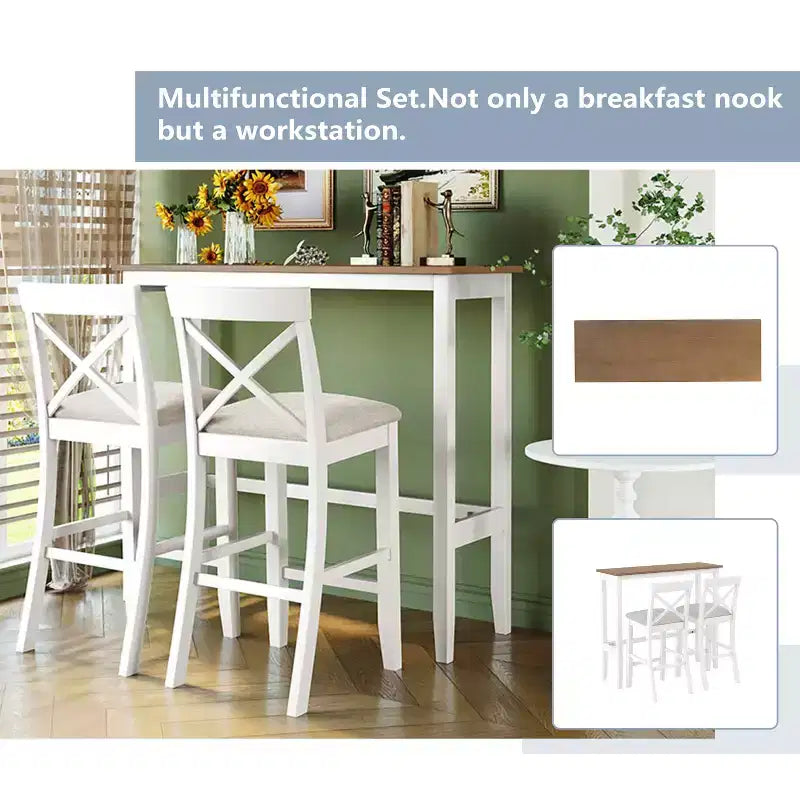 MAYEERTY 48 Farmhouse Wood Bar Height Dining Set, Rectangular Table with 2 Chairs for Small Places, Gray + Beige