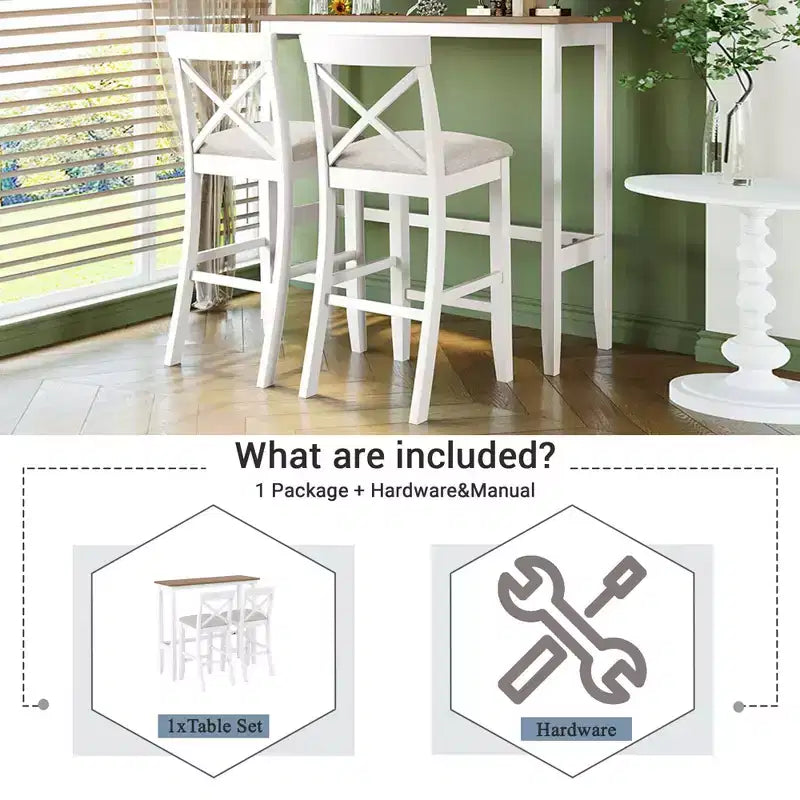 MAYEERTY 48 Farmhouse Wood Bar Height Dining Set, Rectangular Table with 2 Chairs for Small Places, Gray + Beige